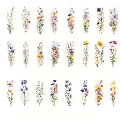 TEMU 24pcs High-quality Uv Dtf Watercolor Wildflowers 3d Rub-on Transfer Paper, Cup Wraps For 16oz Glass Can, Water Bottle, Cup - Waterproof, Plastic Material, Diy Decoration Image