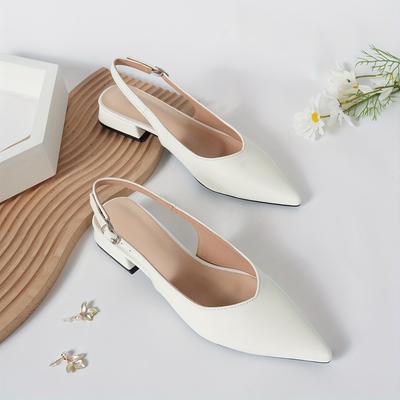 TEMU Women's Pointed Toe Block Heel Sandals - Grip Low Heel Sandals With Ankle Strap, White Cover For Office & Social Events, Spring Summer Footwear, Elegant | Durable Pu Sole, High Heel Sandals Image