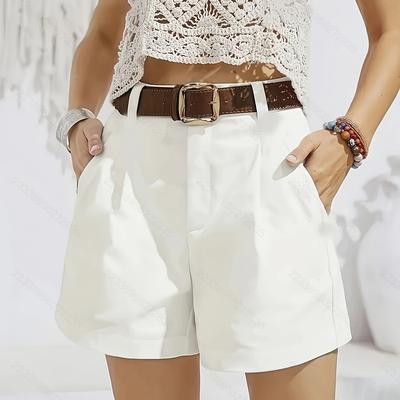 TEMU Women's Elegant High-waisted Pleated Shorts - Solid Color White, Casual , Lightweight Polyester, Spring/summer , High Waisted Shorts Image