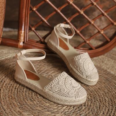 TEMU Women' Color Stylish Sandals, Straw Woven Platform Ankle Strappy , Closed Toe Espadrilles Vacation Shoes Image