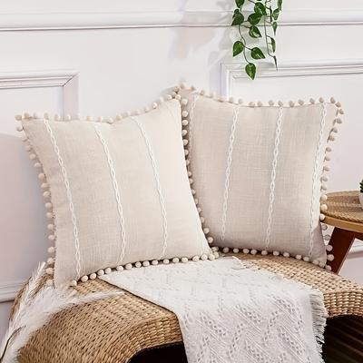 TEMU 2pcs Decor Burlap Linen Pillow Case Farmhouse Bohemian Cushion Case For Living Room Sofa Pillow Case Bedroom Pillow Case Burlap Linen Trim Hairball Pillow Case Image