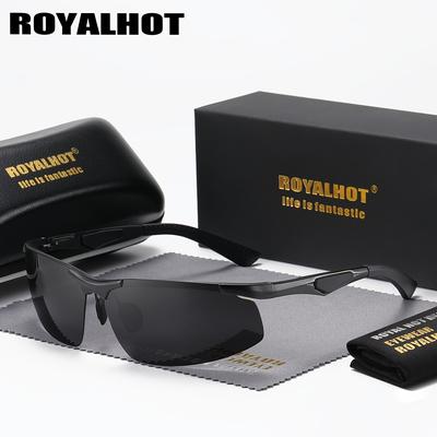 TEMU Royalhot Polarized Fashion Glasses - Protection, Aluminum Magnesium Frame, Black & Golden Accents, Sport & Driving Eyewear With Case, Cloth & Box Image