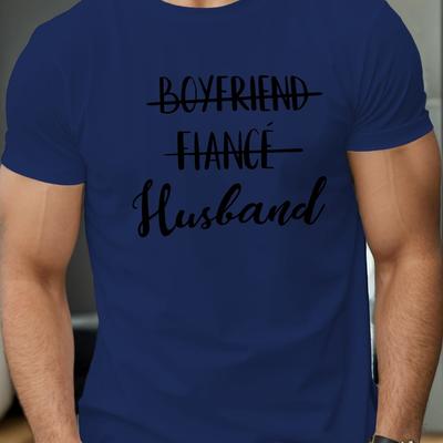 "TEMU Husband" Men's Casual Short Sleeve T-shirt - Breathable Polyester, Geometric Print, Round Neck - Summer" Image