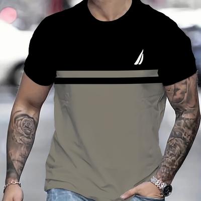TEMU Men's Lightweight 3d Striped Print Crew Neck T-shirt - Comfortable Polyester, Casual Sportswear, Machine Washable, Summer Essential With Sailboat Design, Cruise T Shirts Image