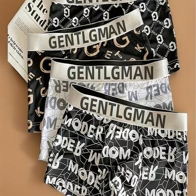 TEMU 4pcs Ice Fiber Fabric Men's Boxer Briefs - Gentleman Letter Print, Polyester/elastane Blend, Mid-stretch, Machine Washable, Black & White Casual Underwear Image