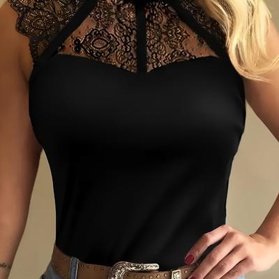 TEMU Women's Chic Black Lace-trimmed Off-shoulder Solid Color Top - Casual, For All Image