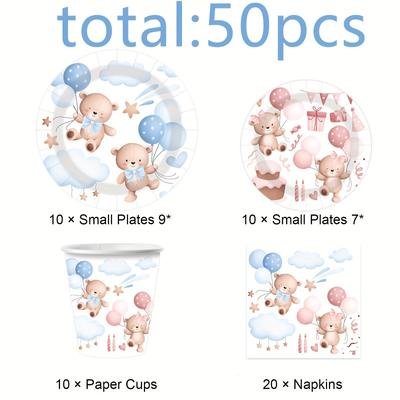 TEMU 50pcs/80pcs Gender Revealing Pink And Blue Bear Tableware Set, Disposable Tableware Set, Paper Plate, Napkins, Cups, Gender Revealing Theme Party Decoration Supplies Image