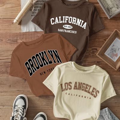 TEMU 3-pack Women's Casual Crew Neck T-shirts, Polyester 95% Spandex 5%, Knit Fabric, Drawn Pattern Tee Set, 134g/m² - California, Brooklyn, Los Angeles Designs Image