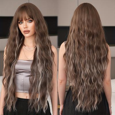 TEMU Elegant Long Water Wave Wig With Bangs For Women - High Density, Heat Resistant Synthetic Hair, & Parties, 35.43 Inches, Hair Wig Image