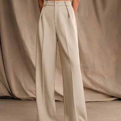 TEMU Women's High-waisted Straight-leg Tailored Blazer Pants - Light Beige, Casual Spring/fall Wear, Machine Washable, Solid Color Suit Pants For Adults, Ladies Pants Image