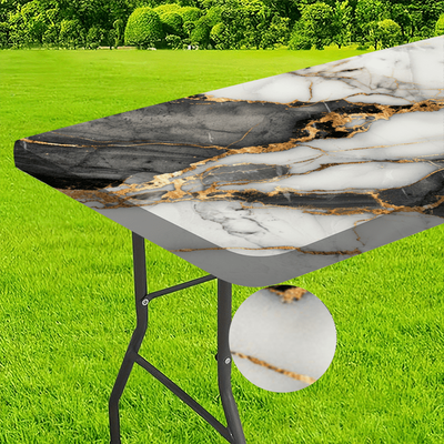 TEMU 1pc Washable Outdoor Tablecloth With Elastic Edges - Durable Polyester, Rectangular Design For Camping, Picnics & Garden Parties, Bright Colors, Indoor And Outdoor Use, Picnic Accessories Image