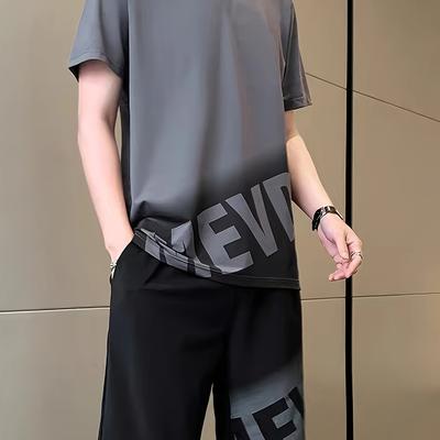 TEMU 2pcs Teen Shorts Set Summer Gradient Short Sleeve + Five-pocket Letter Print Style Casual Outfit Outdoor Leisure Running Suit Versatile , White, Grey Matching Suits 13 And Up, Outdoor Image