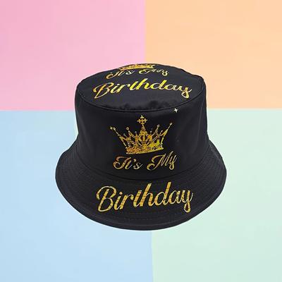 "TEMU Birthday" Crown Theme Bucket Hat - Stylish Black Fisherman Cap With Golden Lettering, Parties, Holidays, And Casual Attire, Birthday Accessory|crown Motif Hat|polyester Bucket Ha" Image
