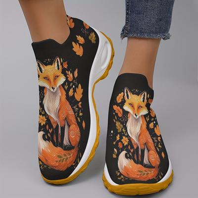 TEMU Women' Cartoon Fox Print Slip-on Sneakers - Lightweight, Non-slip, Soft Bottom, Casual All- With Vibrant Orange And , Casual Footwear | Design | Comfortable Footwear Image