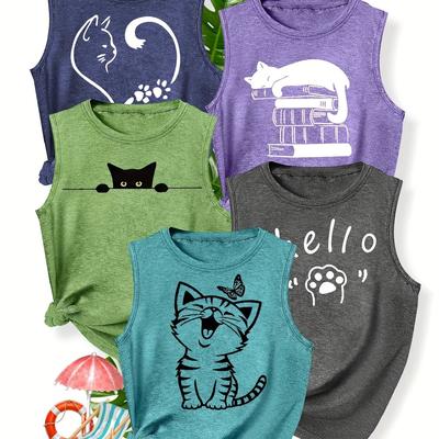 TEMU A Set Of 5 Matching Outfits For Sisters Featuring A Stylish Retro Cat Print, Suitable For Casual Wear And Autumn, With Round Neck Vests In Multiple Colors From Size S To Xxl. Image