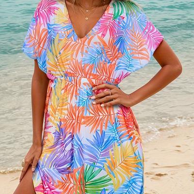 TEMU Women's Tropical Floral Print V-neck Sleeveless Top - Stretchy Polyester-spandex Blend, Lightweight Semi-sheer Beach Cover-up & Casual Summer Dress, Hand Wash Only Image