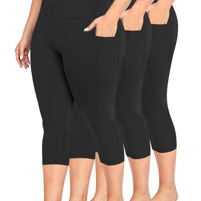 TEMU 3pcs Plus Size High-waist Capri Leggings With Pockets, Stretch Polyester And Elastane Blend, Machine Washable - Solid Color For Spring/summer/fall Image