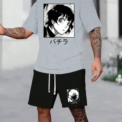 TEMU Print Men's Fashion Casual Two-piece Set, Round Neck Short Sleeve T-shirt And Drawstring Shorts Spring/summer Sports Suit Men's Printed Casual Clothing Set Image