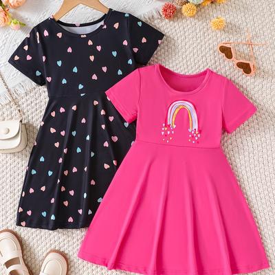 TEMU 2pcs 's Casual Dresses - Rainbow Heart & Vibrant Pink Short Sleeve, Polyester , Summer Fun Image