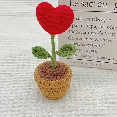TEMU 1 Cute Knitted Flower, Kawaii Handmade Crochet Hook, Small Potted Artificial Flower, Office Desk And Home Car Dashboard Decoration (heart-shaped Red) De Graduation Ceremony Image