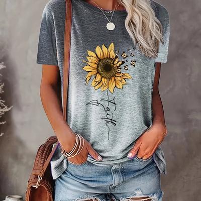 TEMU Sunflower Print T-shirt, Gradient Color Short Sleeve Crew Neck Casual Top For Summer & Spring, Women's Clothing Image