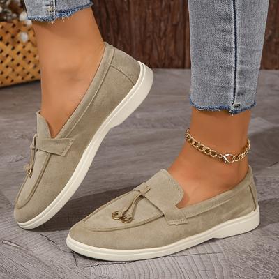 TEMU Women' Beige Fabric Loafers With Metal Tassel Detail - Comfortable Slip-on Casual Shoes, Rubber Sole, Wear, Tassel Embellishment, Plain Toe Design Image