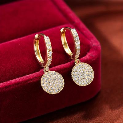 TEMU Elegant Drilled Synthetic Cubic Zirconia Disc Hoop Earrings For Women, Fashionable Jewelry For Party And Vacation, Copper Ear Needle, Suitable Image