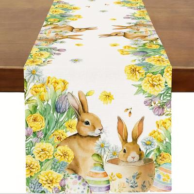 TEMU 1pc, Easter Table Runner Bunny Rabbits Yellow Dahlia Floral Runner For Table Kitchen Dinning Table Decor For Spring Seasonal Easter Decoration13 X 36, 13 X 48, 13 X 72, 13 X 108 Image