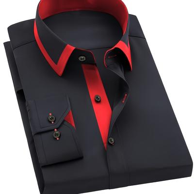TEMU Men's Slim Fit Black Dress Shirt With Collar - Long Sleeve, Button-up Front, Machine Washable, Polyester Blend, Form-fitting , Formal Attire | Modern Dress Shirt | Glossy Finish Image