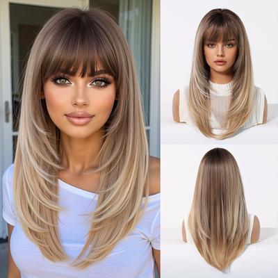 TEMU Elegant Ombre Blonde Wig With Bangs - Straight Layered Synthetic Hair, High-density 150%, , Casual Attire, Cap, Versatile Styling For Women Of All , Casual Hairpiece | Highdensity Hairpiece Image