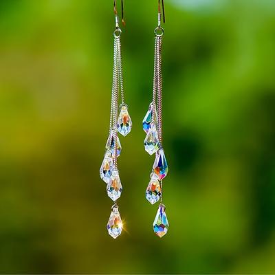 TEMU Stylish Long Tassel Earrings For Women With Artificial Crystal And White Alloy Fashion Studs Image