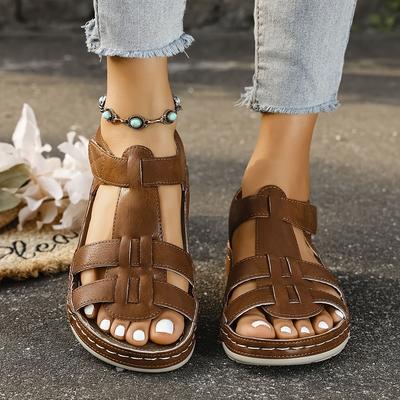 TEMU Women's Plus Size Summer Sandals - Casual & Sporty Open-toe Flats With Hook-and-loop Strap, Soft Sole For Comfortable Walking, , Brown, And Red, Strappy Sandals Image