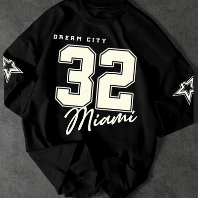 TEMU Men's Polyester T-shirt | Miami 32 Print | Loose Fit, Round Neck | Street Style | Machine Washable | Summer Casual Wear Image