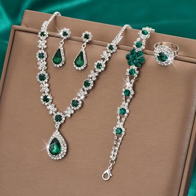 TEMU A Luxurious 4pcs Set Featuring A Gemstone Teardrop Necklace, Earrings, Bracelet, And Ring, Women's Jewelry, Suitable For Wedding Accessories, Parties, And Valentine's Day Gifts. Image