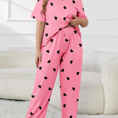 TEMU Women's Plus Size Comfortable Pajama Set, Polyester Fabric, Slightly Stretchy, Round Neck Short Sleeve Top And Pants With Heart Print Image