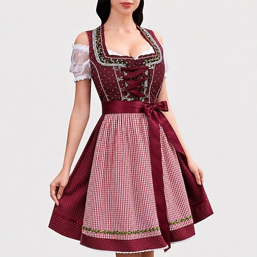 Robe dirndl Oktoberfest pour femmes avec lacets ruban en satin tablier à carreaux robe traditionnelle pour Oktoberfest
