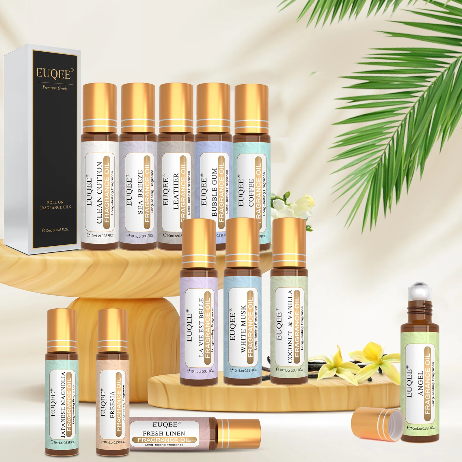 EUQEE 10ml Roll-On Duftöl Meeresbrise Weißer Moschus Kokosnuss & Vanille Kaugummi Grüner Tee Engel Amber Langanhaltender Duft Image