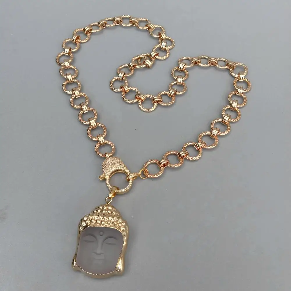 YYGEM Natürliche weiß Quarz Geschnitzte Buddha Anhänger Gold Überzogene LINK Kette Halskette 20 "Religion Schmuck