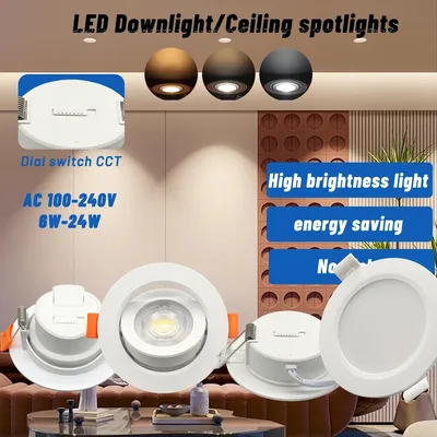4pcs Recessed LED Spot Llight Dial Swich CCT Downlight 3 Color Adjusted AC100-240V 3000K/4000K/6500K Ceiling Indoor Lighting