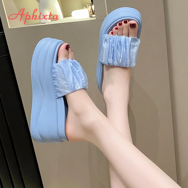 Aphixta Blau Plissee Oberen Sandalen Hausschuhe Frau Keil Heels Slides Außerhalb Heels Schuhe Für Frau Mode Dame Kleid Schuhe
