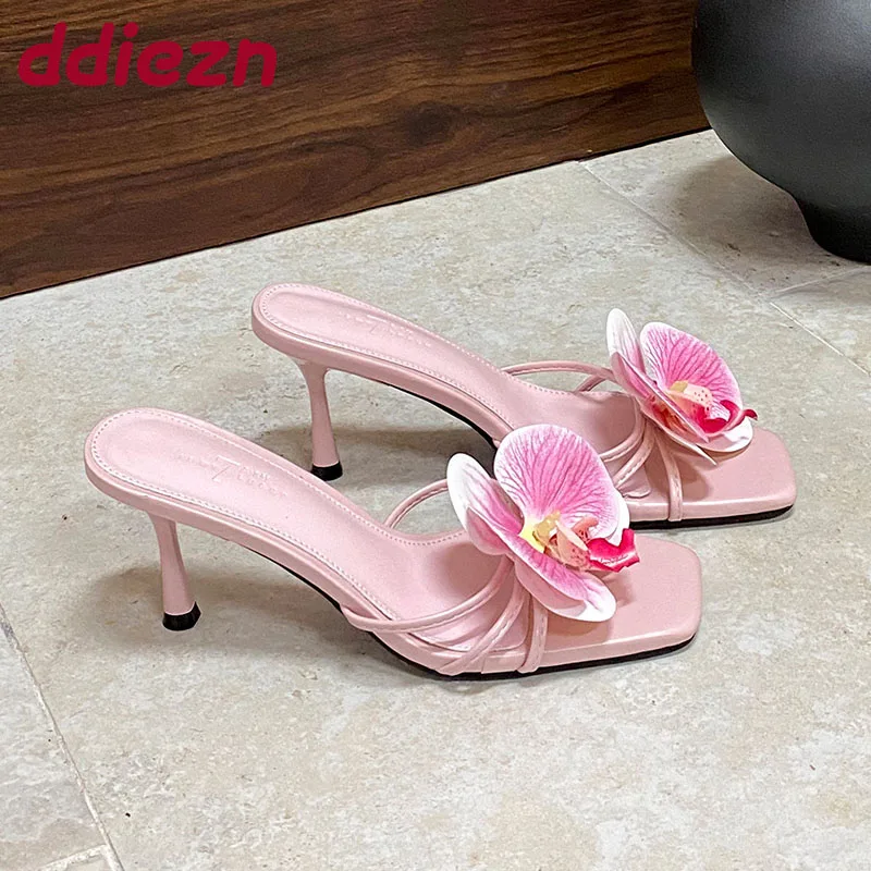 Rosa Mode Blume Frauen Dünne Heels Sandalen Rutschen Schuhe Weibliche Karree Schuhe Damen High Heels Sandalen Schuhe Pumpen