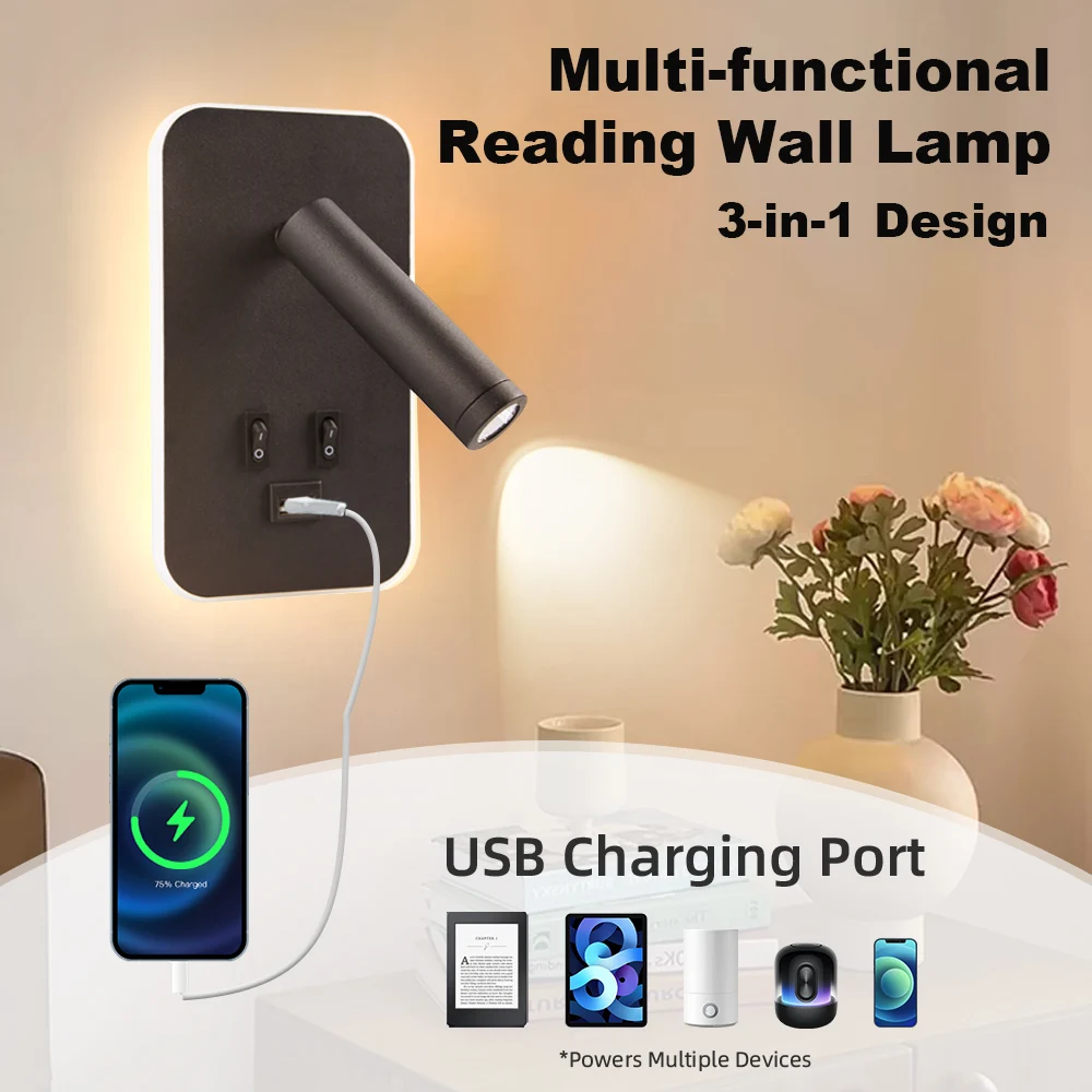 Indoor LED Wand Lampe Mit Schalter USB Lade Augenschutz Nacht Wand Lampe Leselampe Schlafzimmer Kind Studie Wand Nacht Lampe
