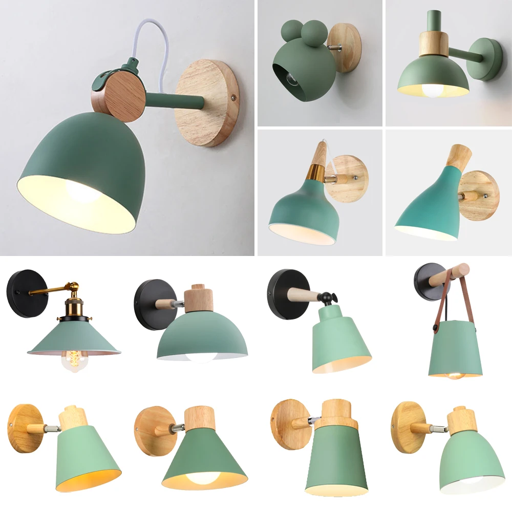 Nordische Wandleuchte aus Holz, moderne Wandleuchte, Wandleuchte für Schlafzimmer, Nachttisch, Wohnzimmer, Zuhause, Innenbeleuchtung, Lenkkopf, E27, Grün