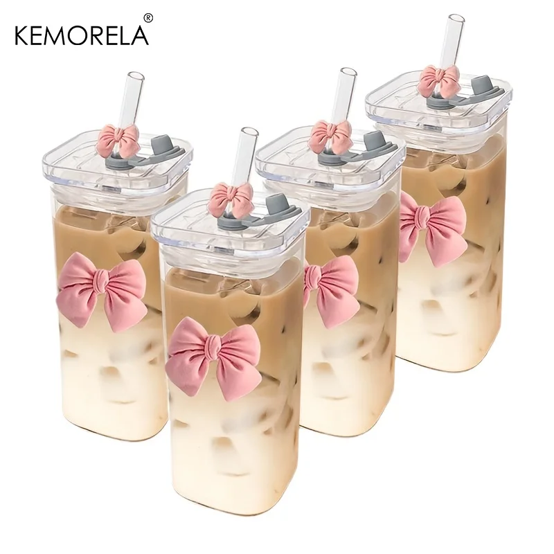 KEMORELA 4PCS Rosa Schleife Tasse Glas 350ml Glas Tassen Für Outdoor Tragen Kaffee Saft Milch Tee Mit Deckel und Strohhalme Geeignet Für geschenk Image