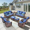 Yeahumalia All-Weather Wicker Patio 9 Pieces Furniture Set with 2 Rattan Sofa 4 Swivel Rocking Chairs 2 Ottomans and a Side Table Outdoor Conversation Sets for Garden Porch Deck Brown/Blue