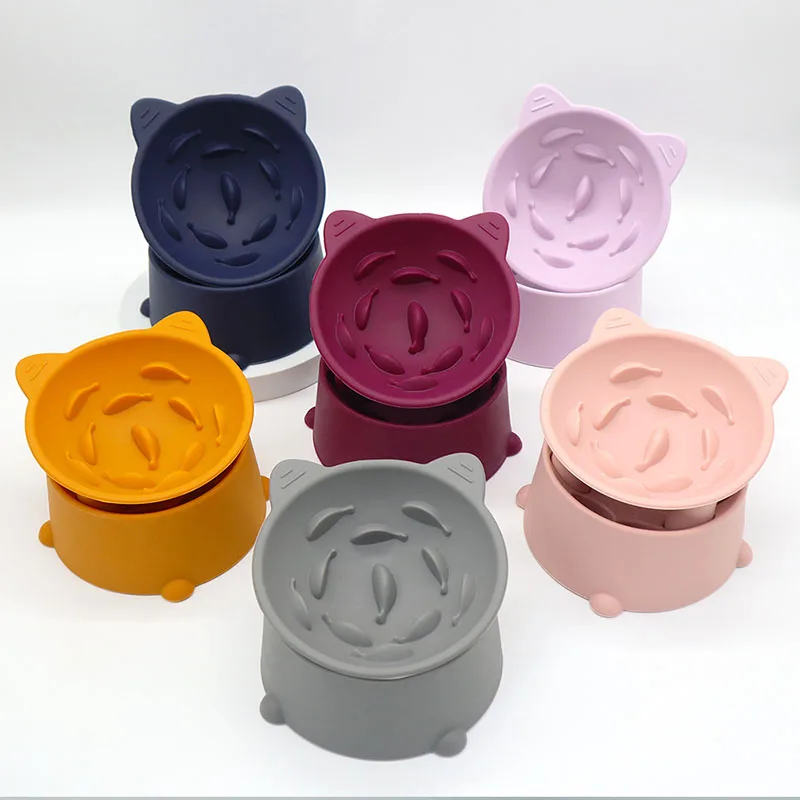 Syah Life protège-cou bol de nourriture pour chat bols d'alimentation en Silicone pour chat mignon Anti-vomissement bol de nourriture lente surélevé 2 en 1 accessoire pour chat