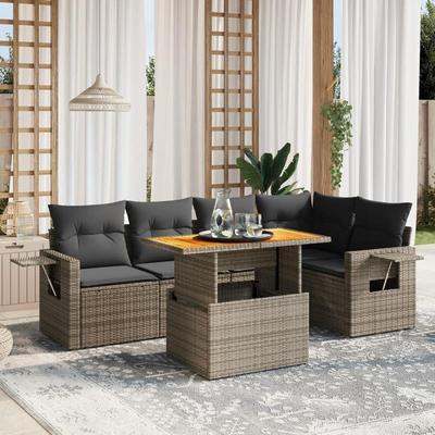 TEMU 6-piece Garden Sofa Set With Cushions Gray Poly Rattan, Uv-resistant, Adjustable Plastic Feet, Pe Rattan, Powder-coated Steel, Solid Wood Image
