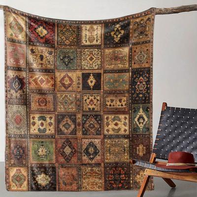TEMU 1pc Lily Bohemian Geometric Print Flannel Blanket - Soft Warm Throw For Sofa Bed Car , Vintage Design In Earthy Tones, Decor Gift, Comfortable Bedding Image