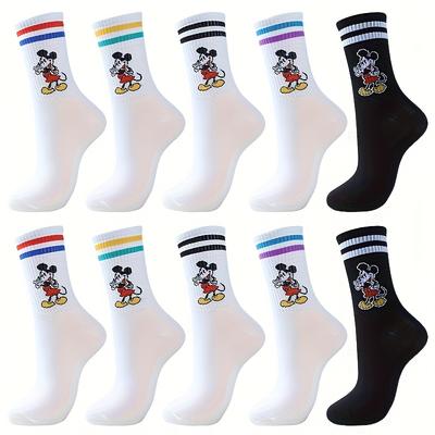 TEMU 5/10 Pairs Women's Cartoon Mouse Two- Striped Mid-calf Socks Image