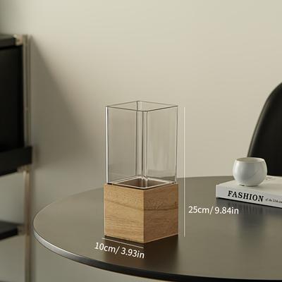 TEMU 1pc Elegant Acrylic Square Vase With Wooden Base - Wide Mouth, Shatterproof & Transparent - Home Decor, Wedding Bouquets & Floral Gifts, Wedding Vase | Modern Vase | Wooden Base Vase, Flower Vase Image